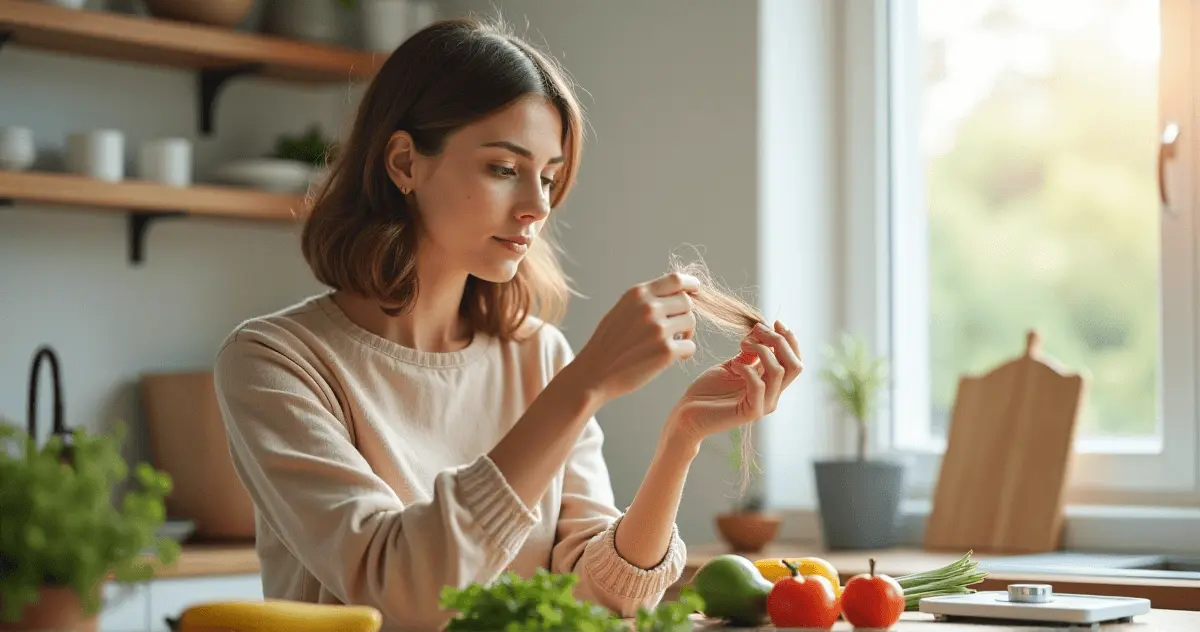 A thoughtful individual holding a strand of hair with a gentle, curious expression, surrounded by symbols of nutrition and weight loss.