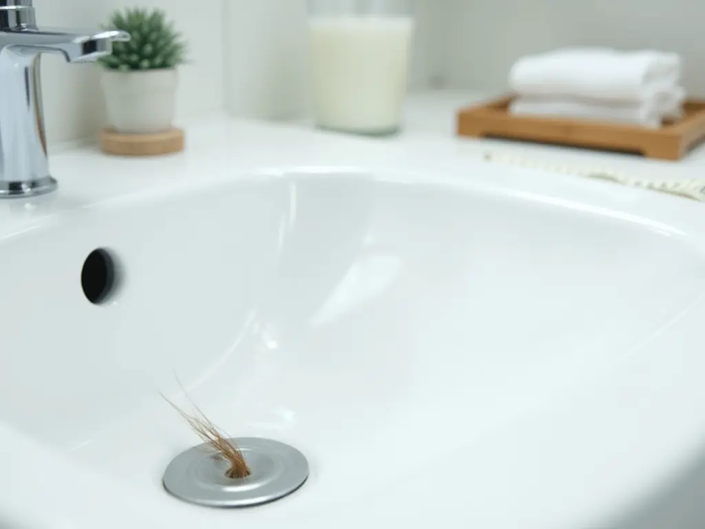 A single strand of hair resting on a white bathroom sink, symbolizing hair loss.