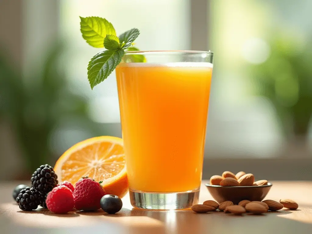 A vibrant depiction of fruits, nuts, and a metabolism booster drink on a table.