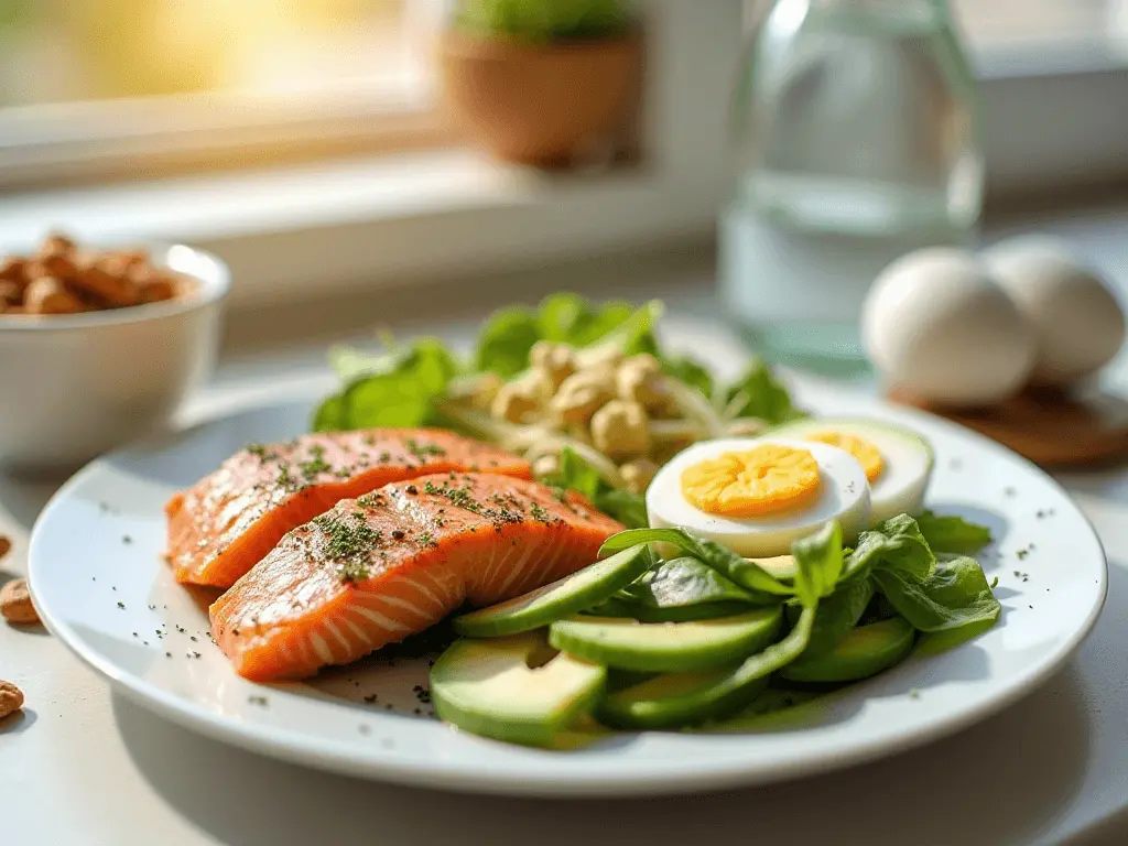 A balanced meal plate with vibrant foods symbolizing nutrition for hair health.