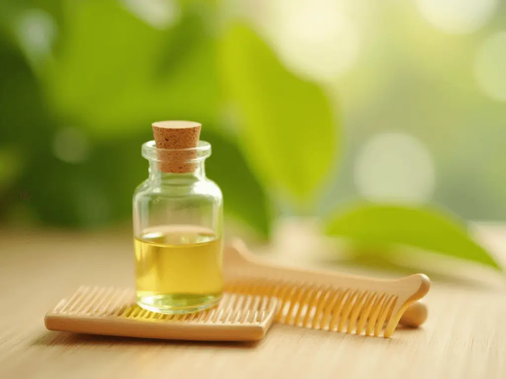 A bottle of hair oil and a comb placed on a natural wooden surface.