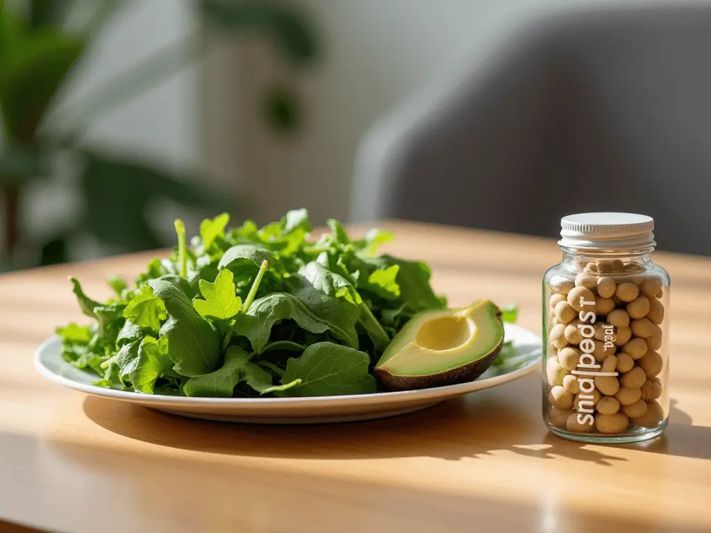 A vibrant plate of leafy greens, avocado slices, and a small bottle of supplements, symbolizing tips for enhancing B12 absorption.