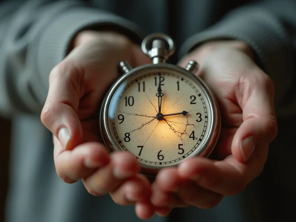 A pair of hands holding a cracked stopwatch with a faint glow, symbolizing fatigue and time-related symptoms of B12 deficiency.