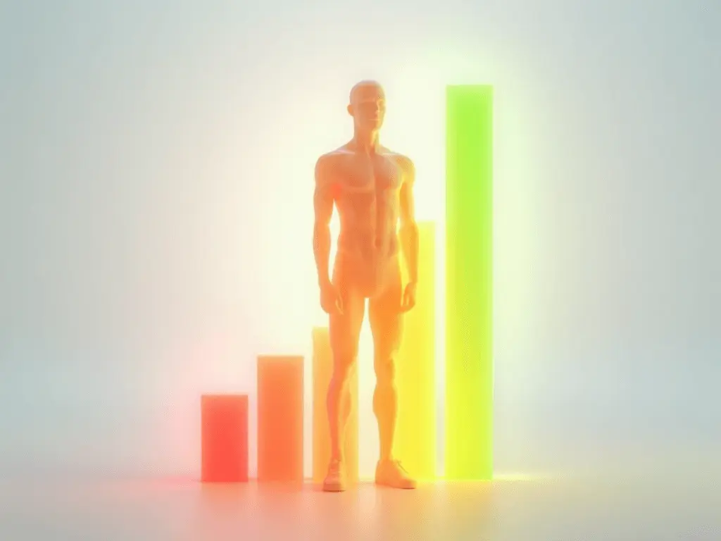 A glowing energy bar chart with a human silhouette overlay, symbolizing metabolism and weight management.