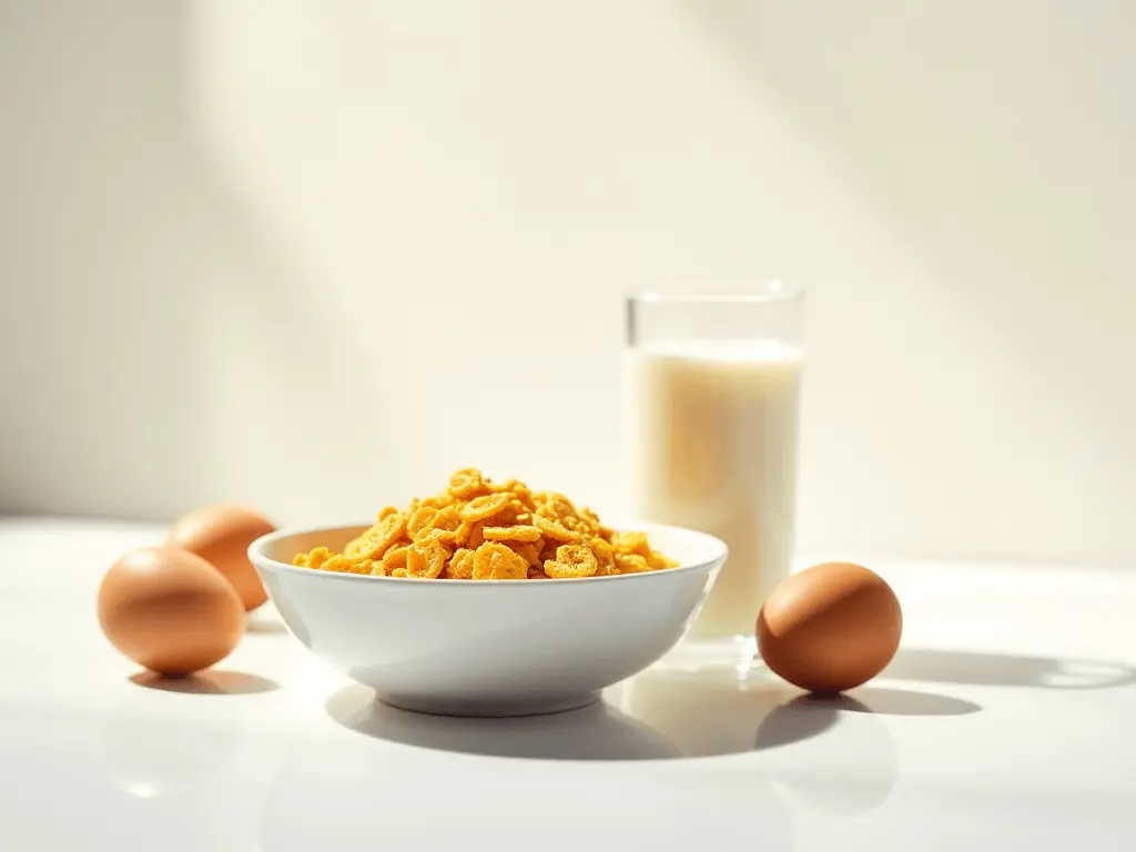 An arrangement of fortified cereal, a glass of plant-based milk, and eggs on a clean white surface, symbolizing natural and fortified sources of B12.