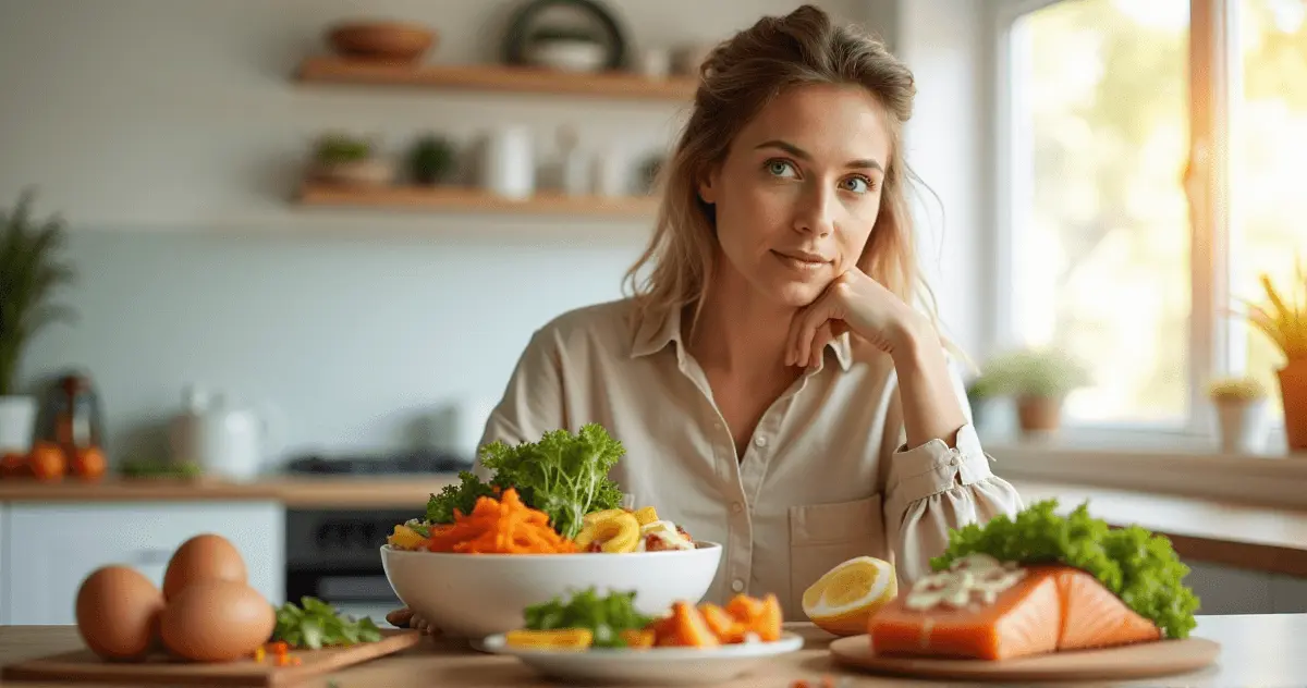 A thoughtful individual holding a vibrant bowl of healthy foods like salmon, leafy greens, and eggs, symbolizing natural Vitamin B12 sources, against a bright and inviting kitchen setting.