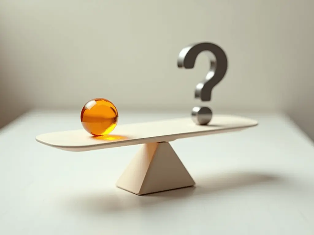 A balance scale with a Vitamin B12 capsule on one side and a question mark on the other, symbolizing myths and facts.