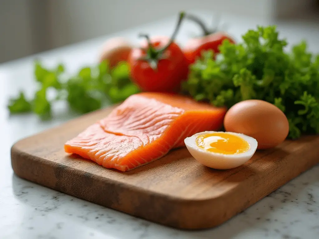 Close-up of a salmon fillet, eggs, and leafy greens on a rustic wooden cutting board, symbolizing Vitamin B12-rich foods.