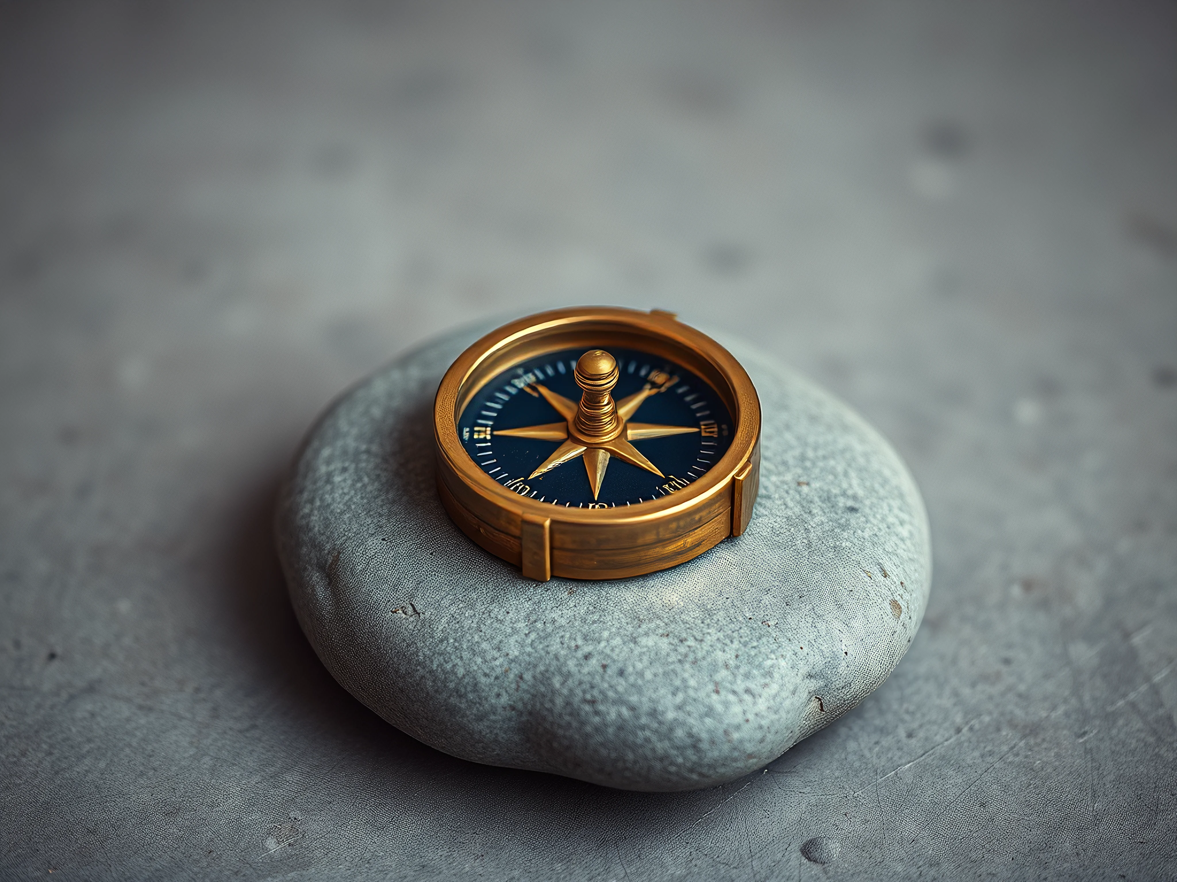 Vintage brass compass on a grey river stone, close-up.
