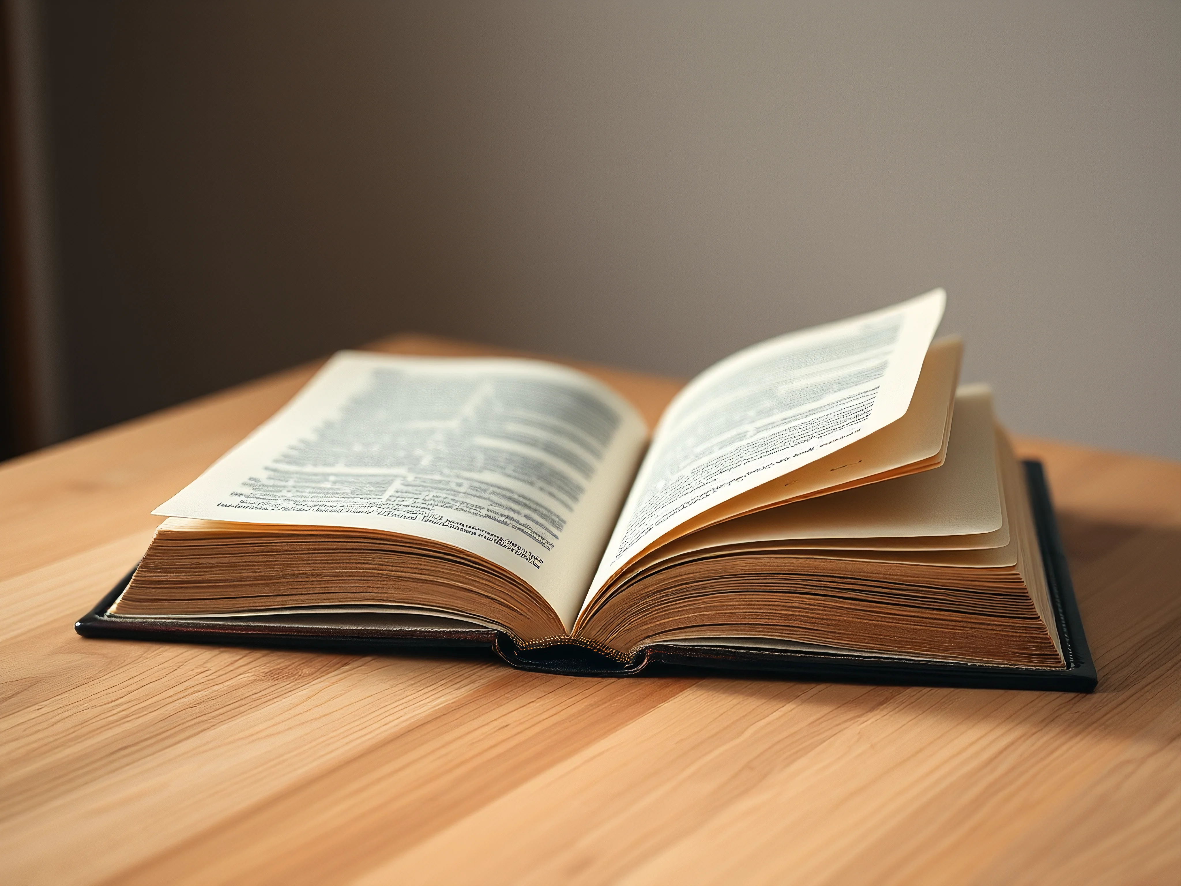 Open, well-worn book with highlighted passage on wooden table.