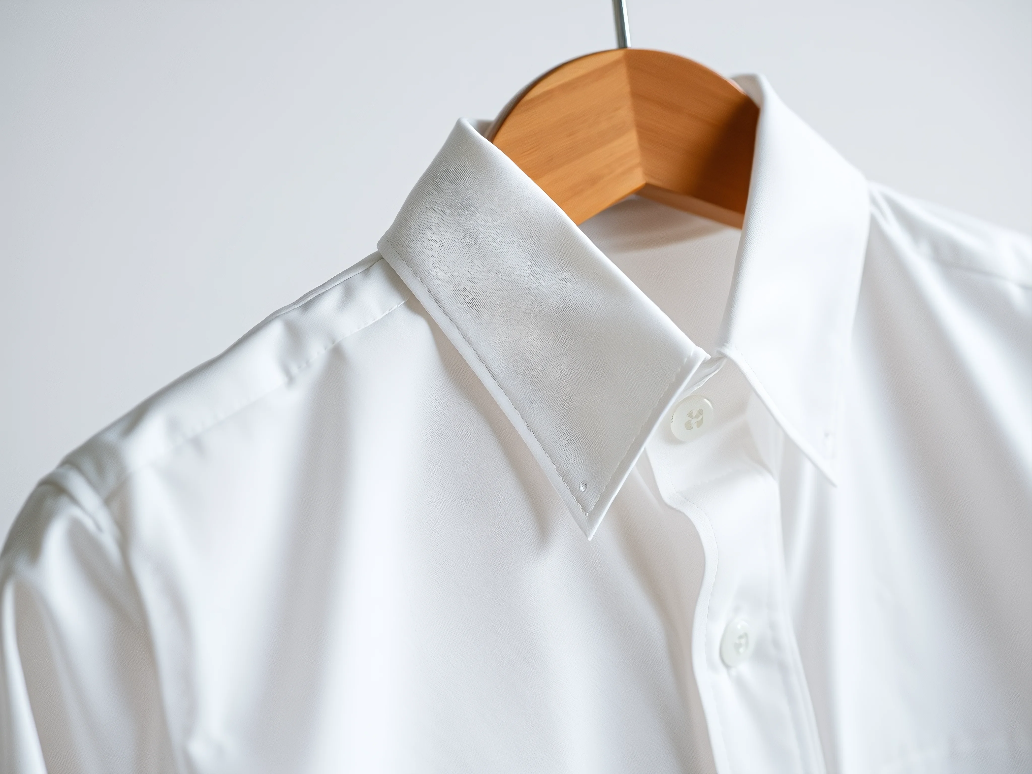 Neatly folded white shirt with a wooden hanger.