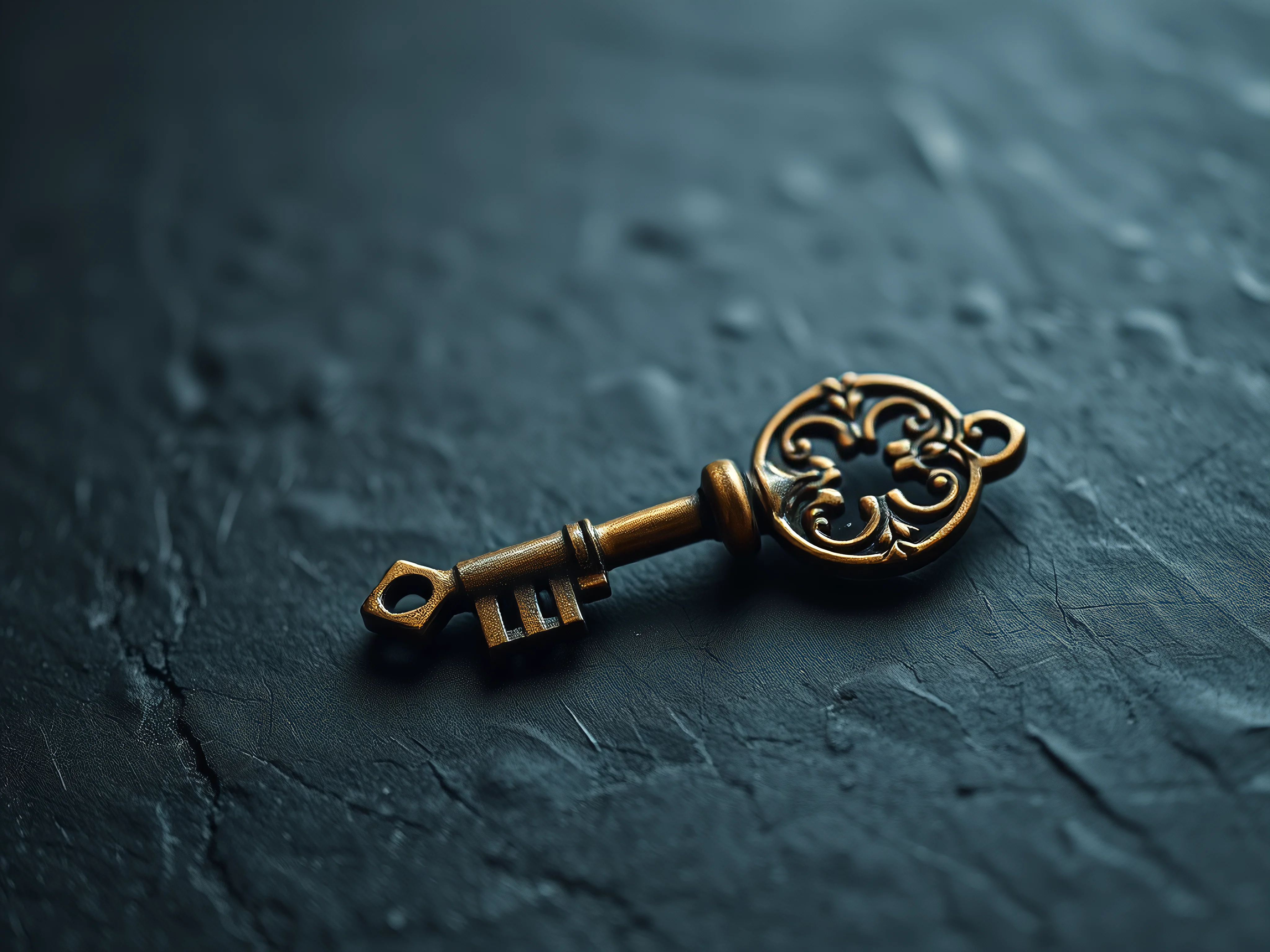 Ornate antique skeleton key on dark slate.