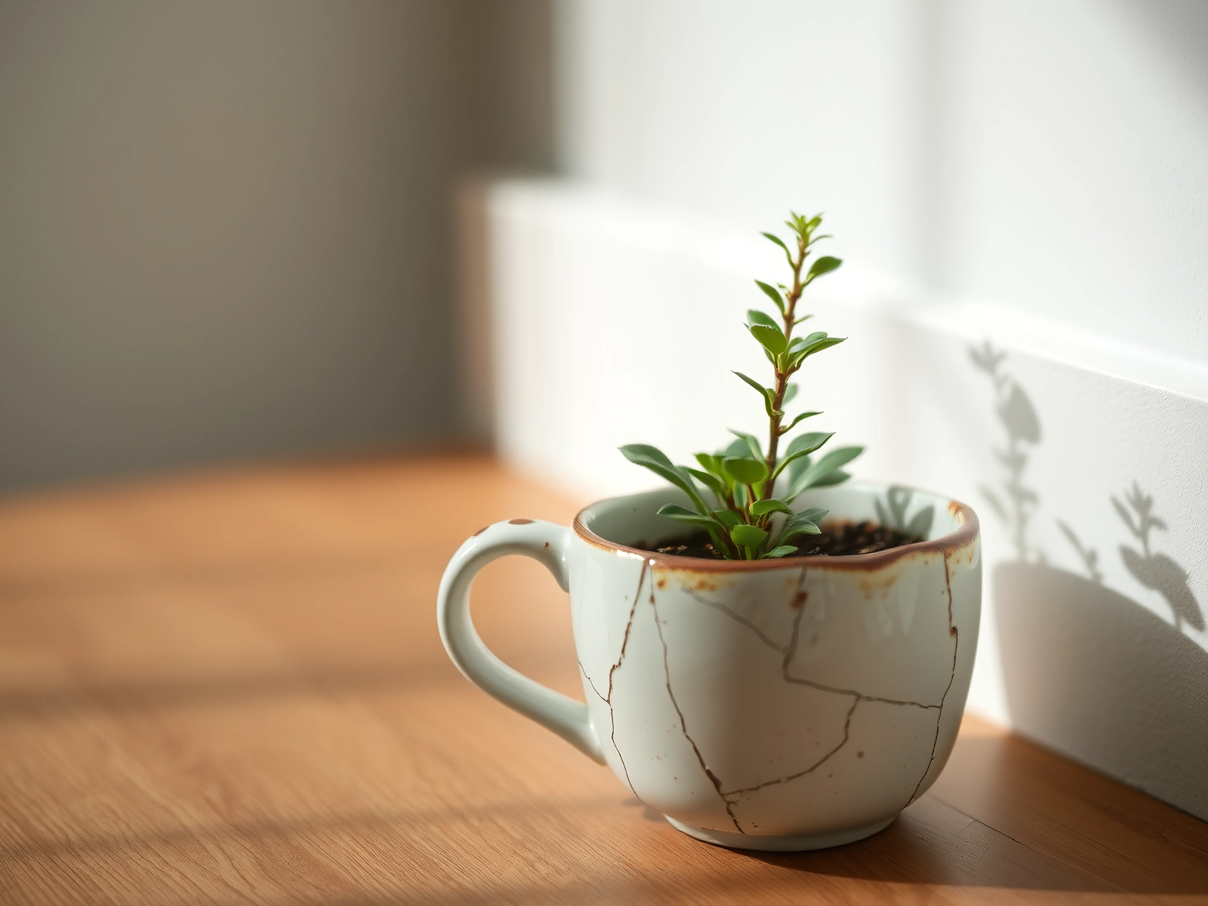 Cracked ceramic mug repurposed as a plant pot with a green plant.
