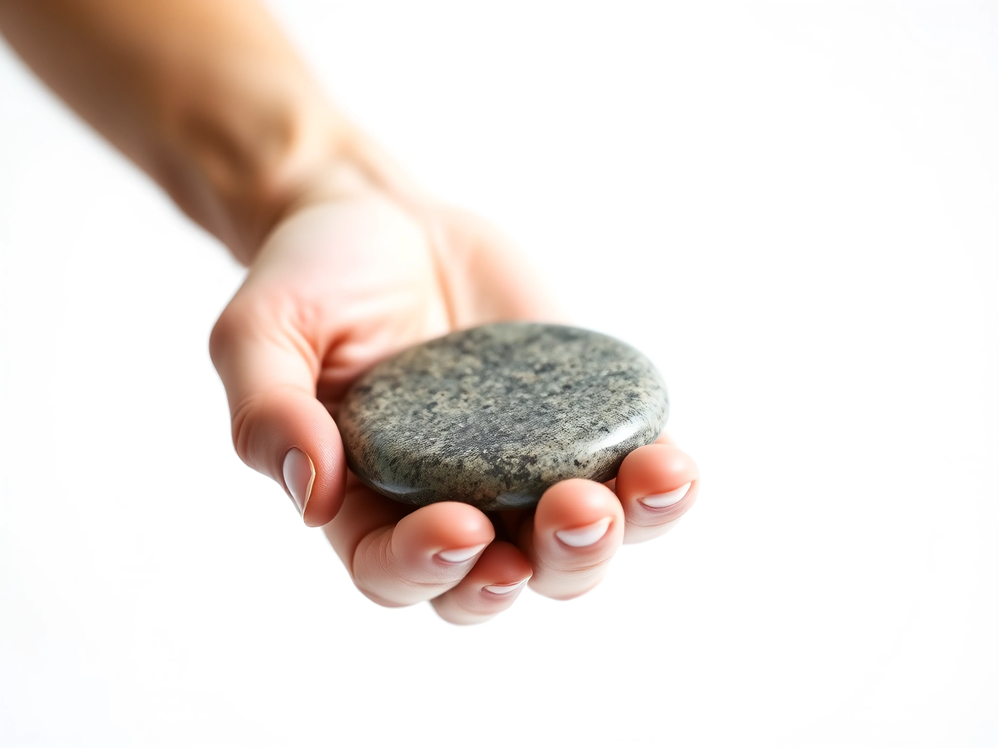 Close-up of a hand holding a smooth river stone against a clean white background.