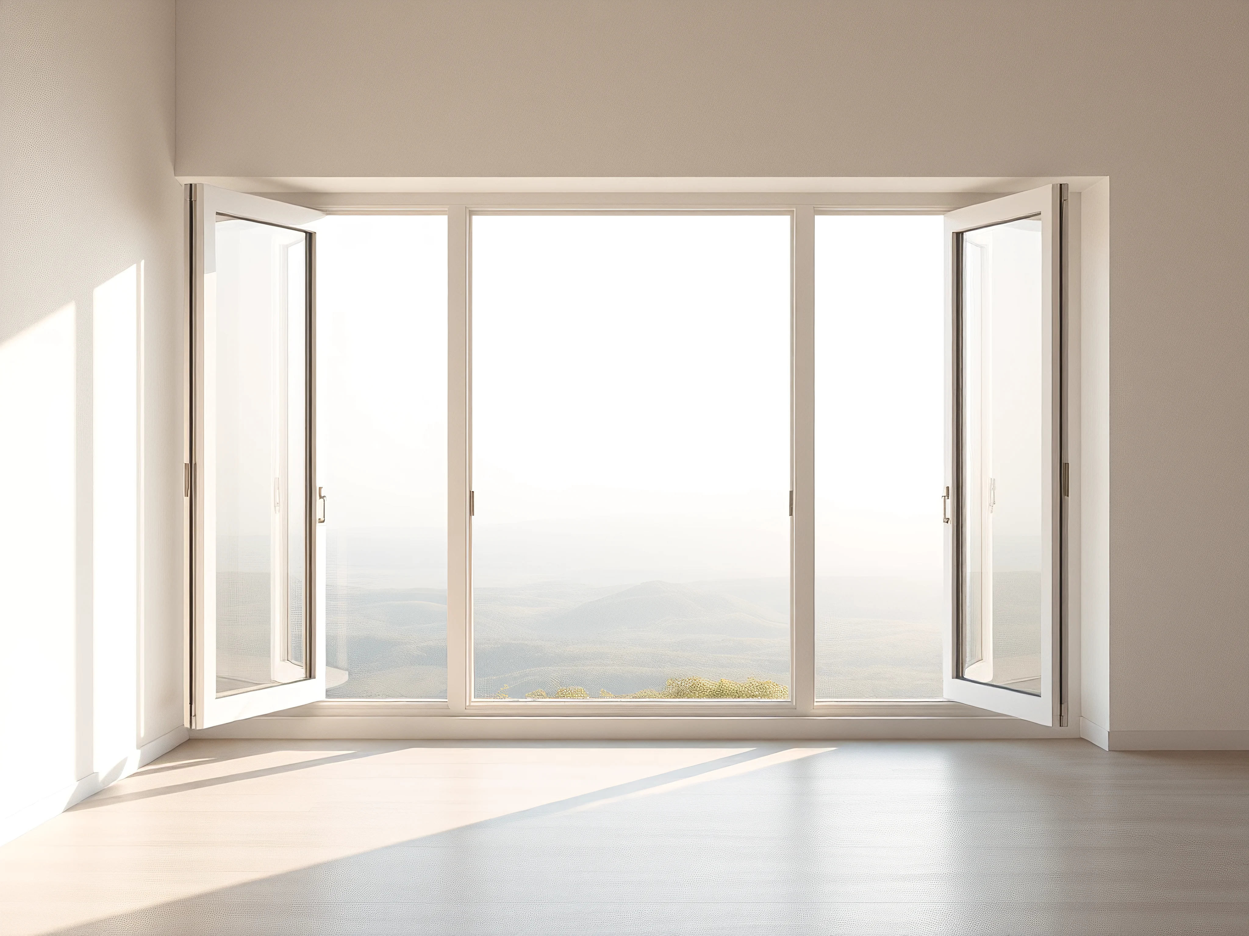 Wide open window to a vast, minimal landscape, soft pastel tones, bright morning light.