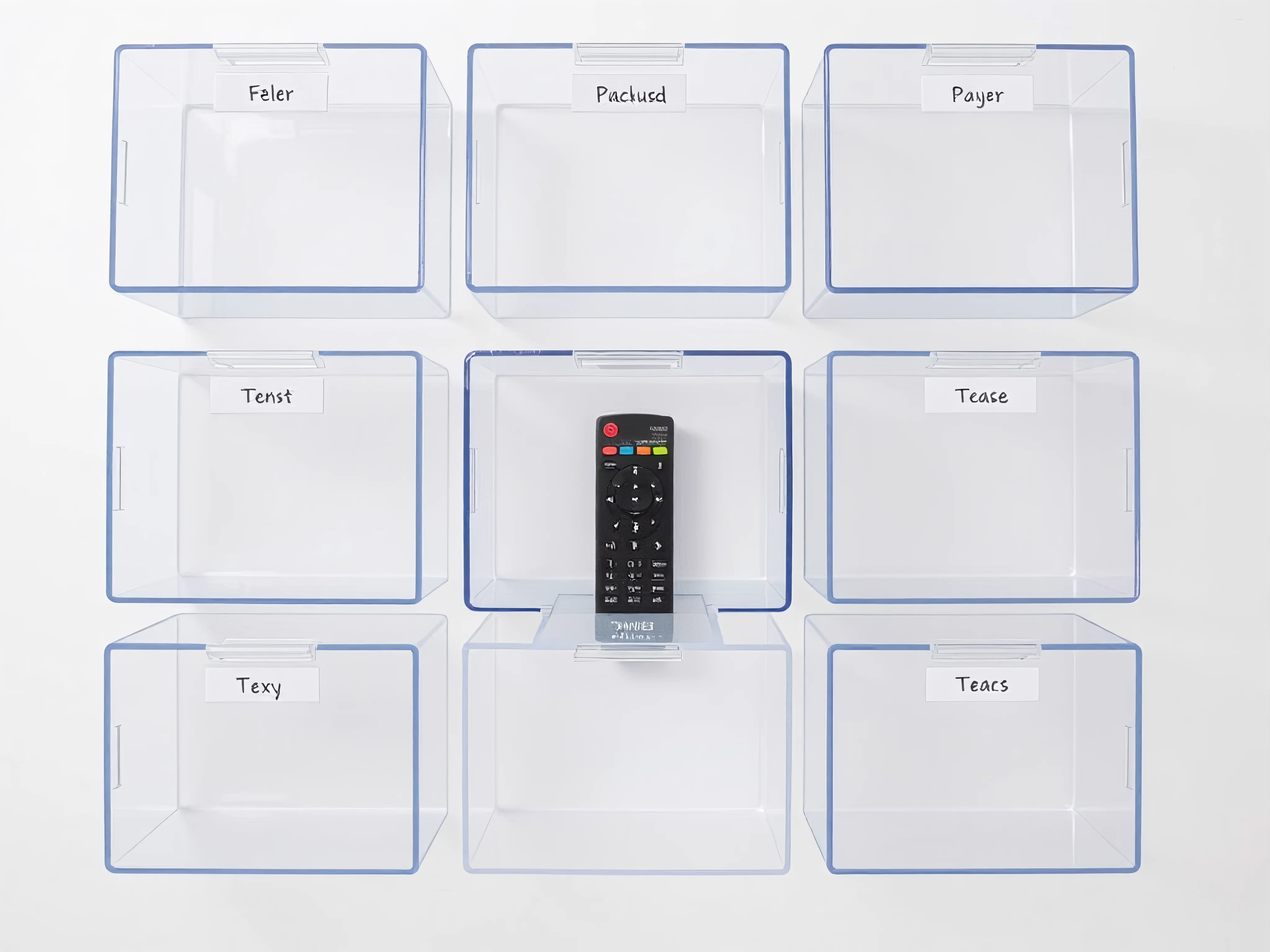 Clear storage boxes, labeled for sorting, with a remote control being placed inside.