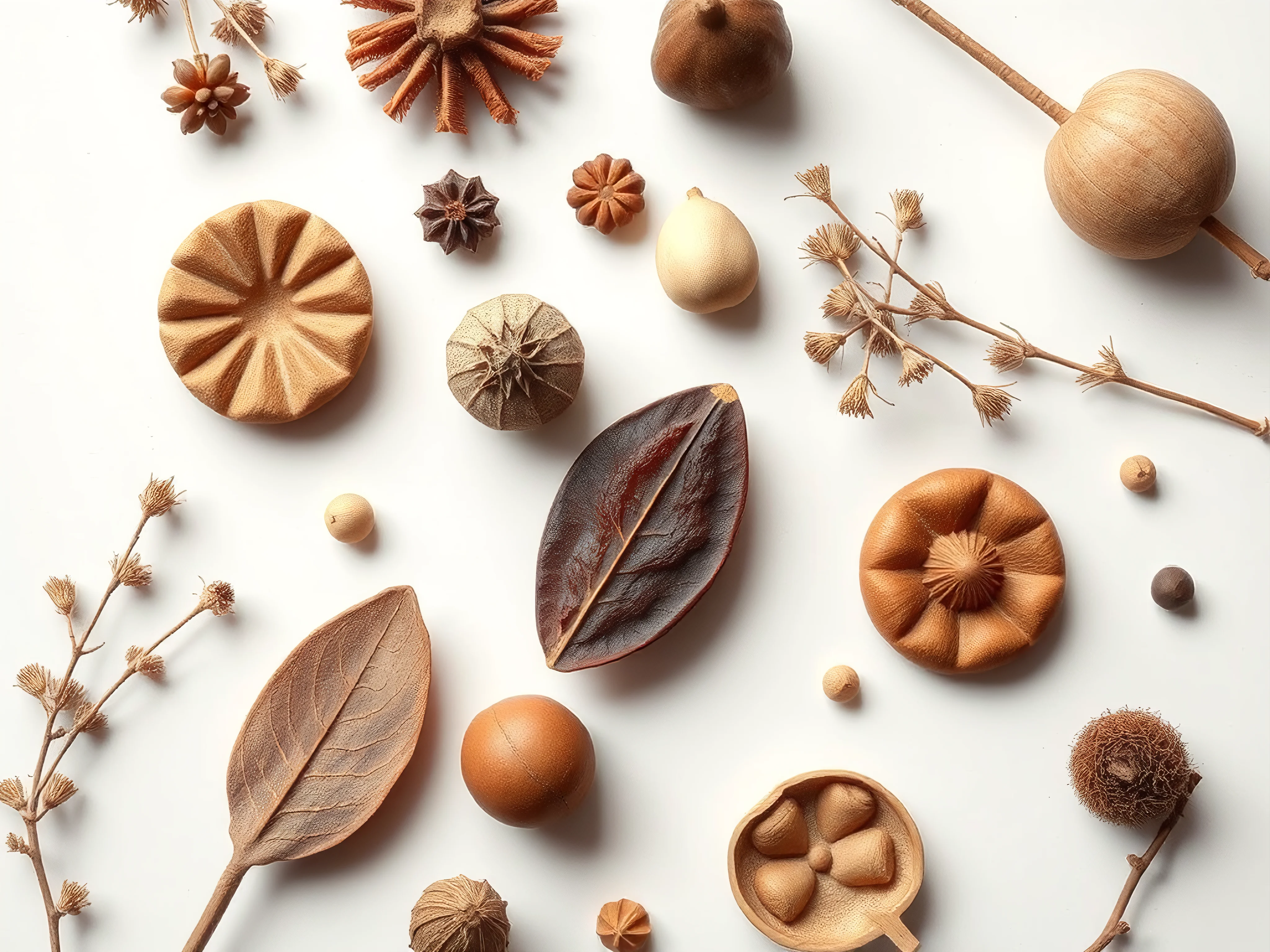 Minimal flat lay of organic elements on white, neutral earthy tones, high contrast.