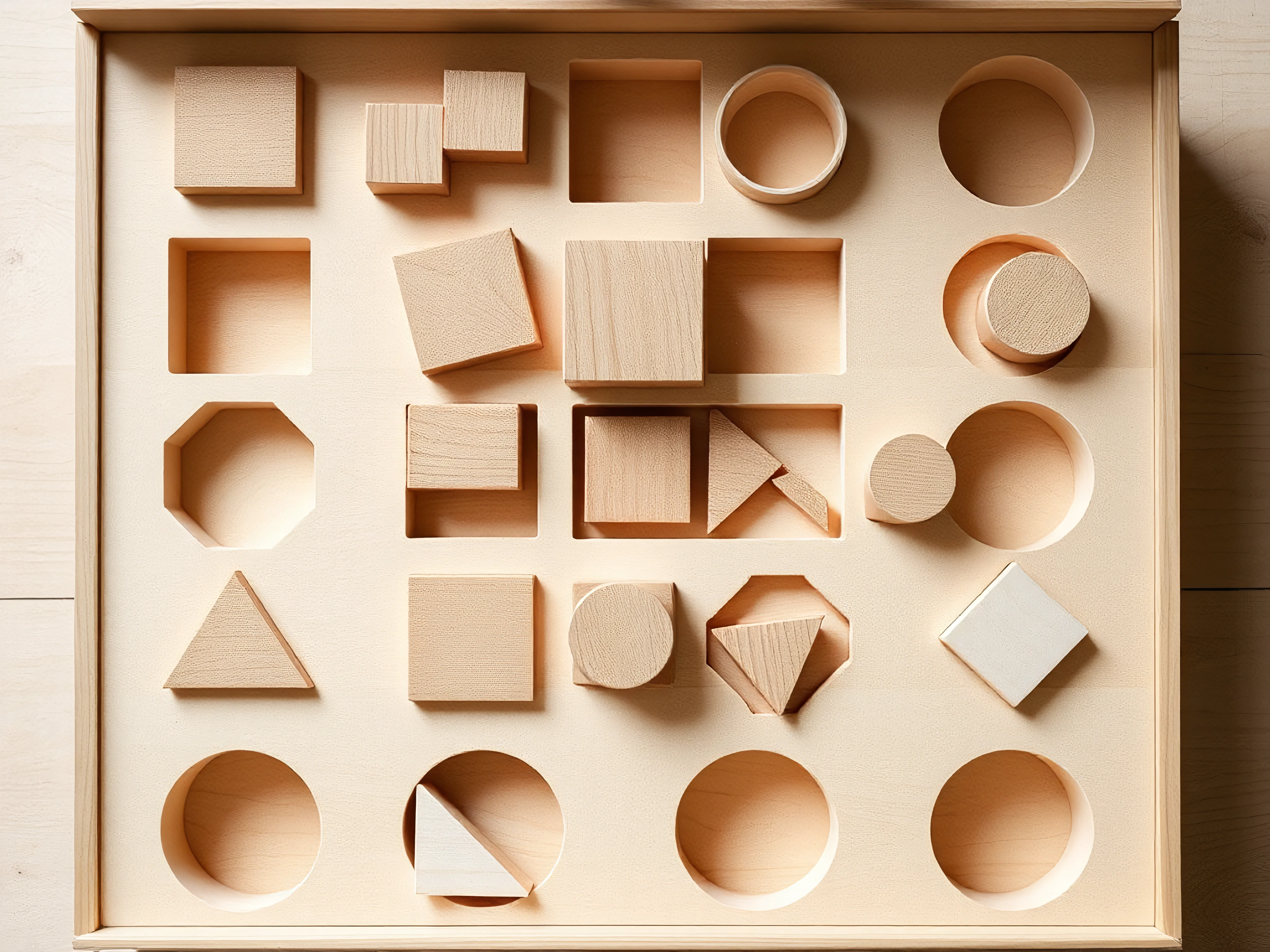 Geometric wooden shapes in a sorter box, flat lay, natural wood, pastel.