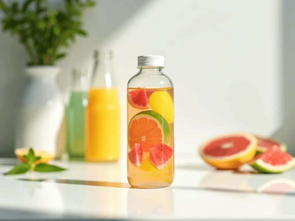 Close-up of a colorful bottle of Olipop on a clean countertop, symbolizing a refreshing, health-focused drink.