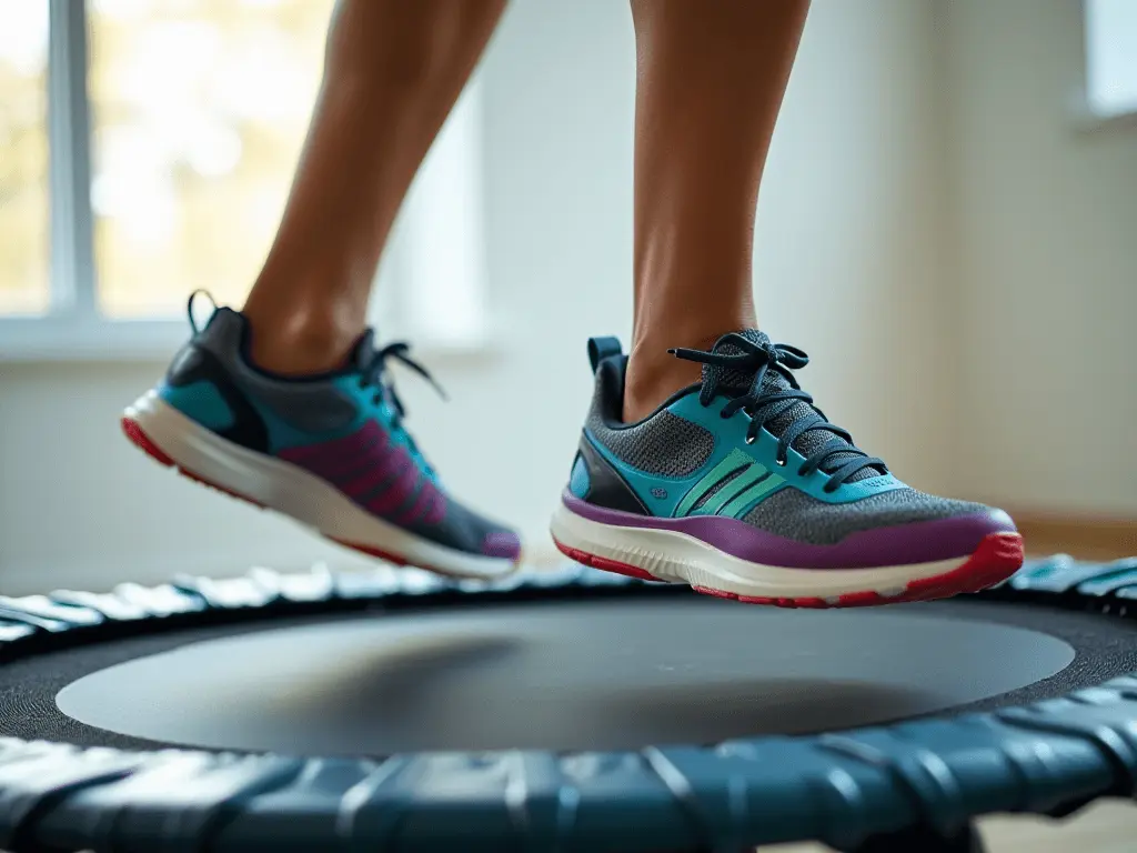 Close-up of feet bouncing on a mini trampoline, symbolizing dynamic and low-impact exercise for weight loss.