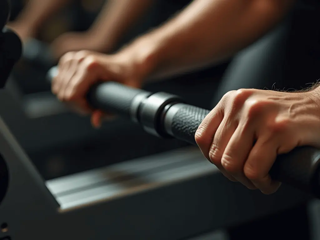 Close-up of rowing machine handle being gripped, symbolizing full-body engagement for fat loss.