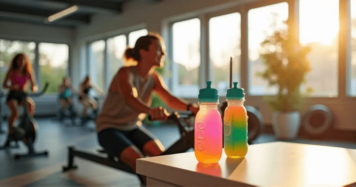 Excited individual exploring fitness and wellness options for weight loss, surrounded by gym equipment, a rowing machine, and a vibrant drink resembling Olipop.