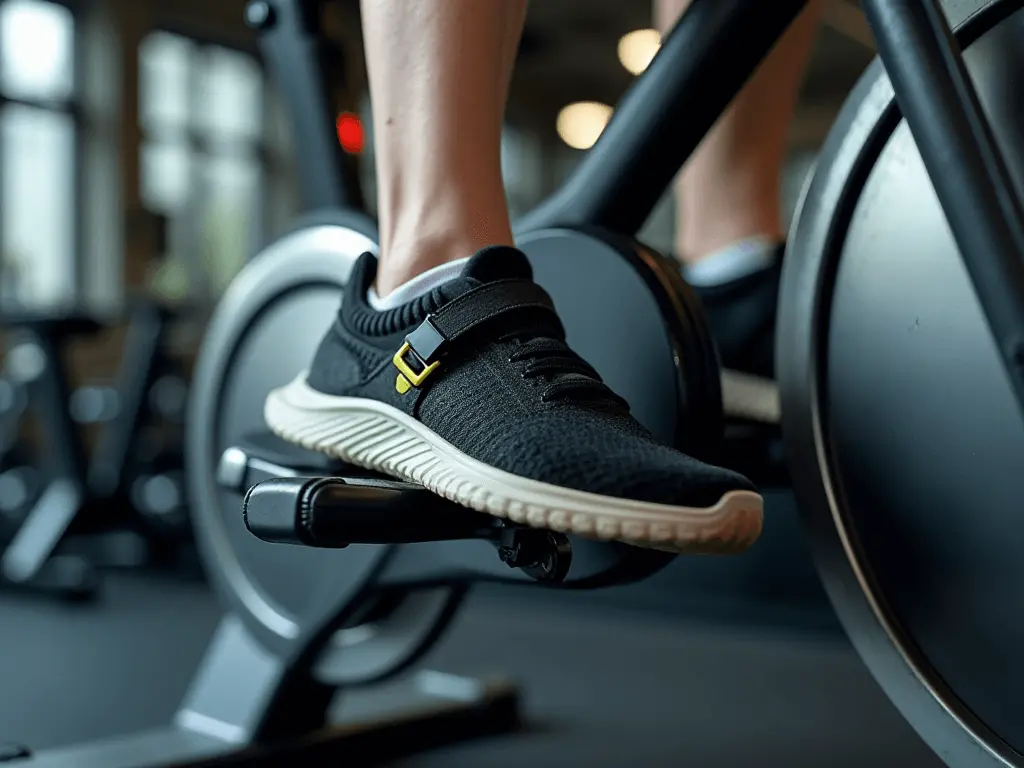 Close-up of a spinning bike pedal in motion, symbolizing an intense workout for weight loss.