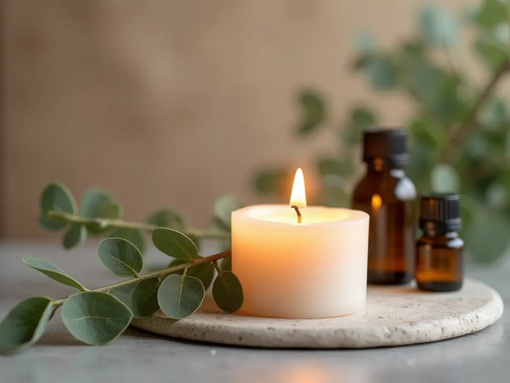 A glowing aromatherapy candle surrounded by essential oils and eucalyptus leaves.