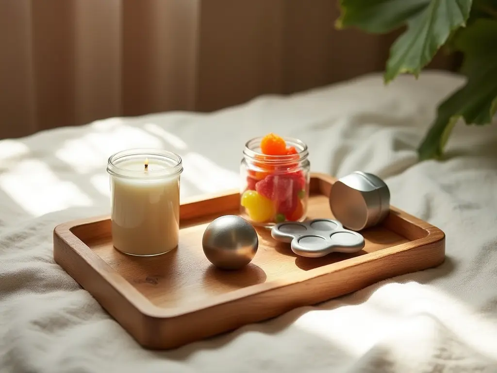 A selection of stress relief products including a candle, gummies, and a fidget toy on a wooden tray.