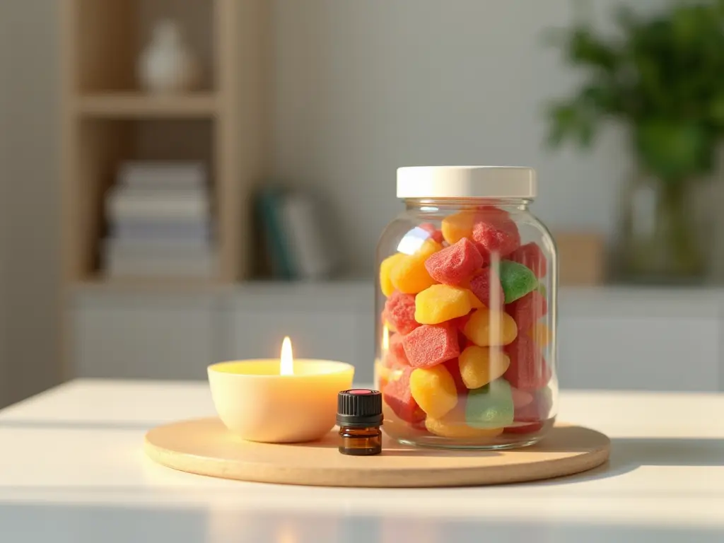 A stack of stress relief products like gummies, a candle, and a small bottle of essential oil on a desk.