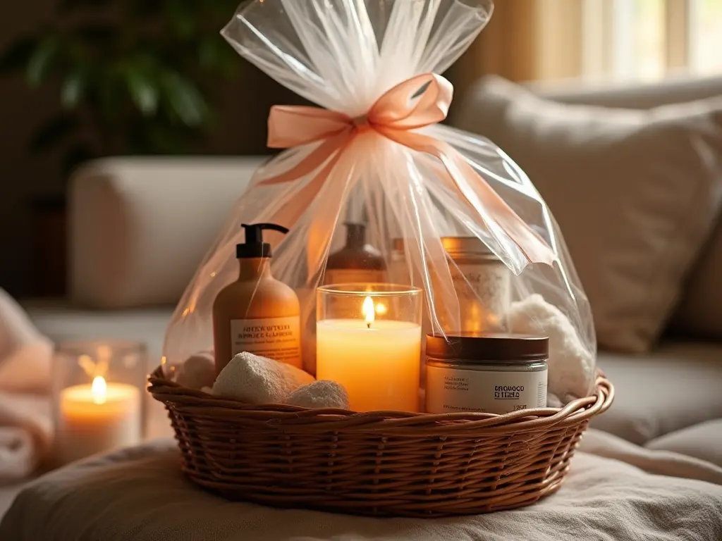 A beautifully arranged stress relief gift basket with candles, lotions, and bath salts.