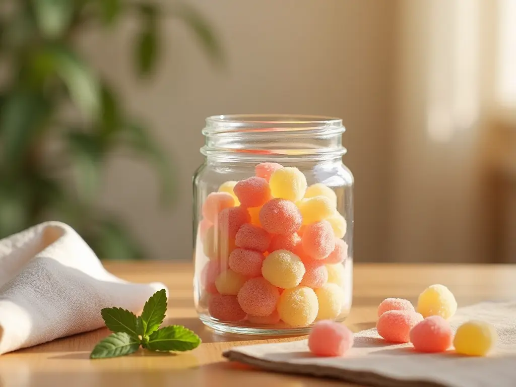 A close-up of a glass jar filled with colorful stress relief gummies on a wooden table.