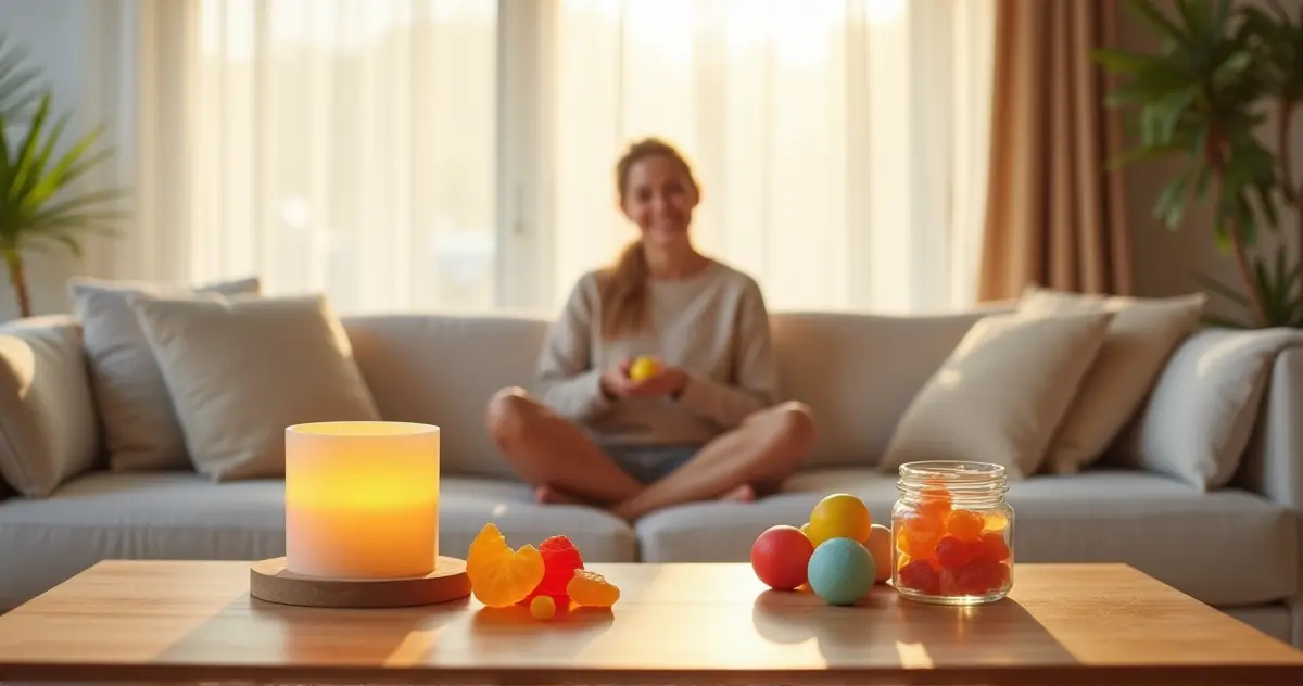 A serene and inviting image showcasing stress relief products like candles, gummies, and toys in a relaxing environment.