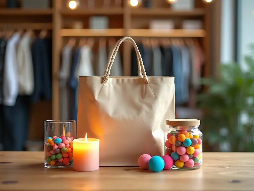 A shopping bag with stress relief products like candles, toys, and gummies spilling out.