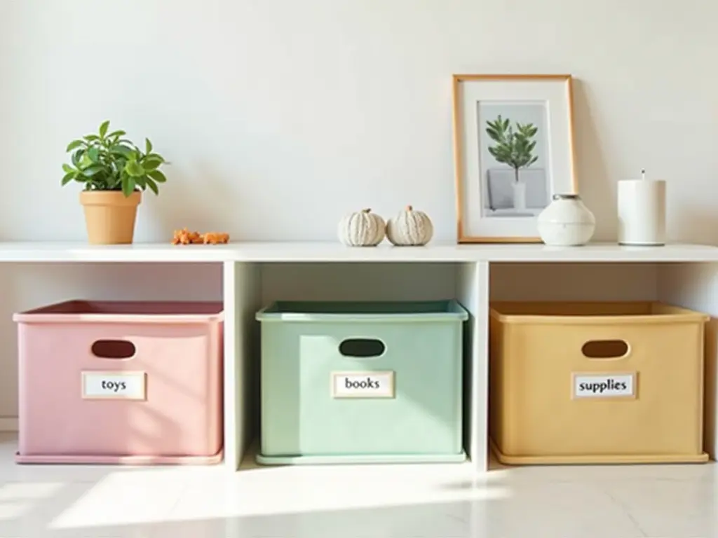 A beautifully organized shelf with color-coded bins and a small plant.