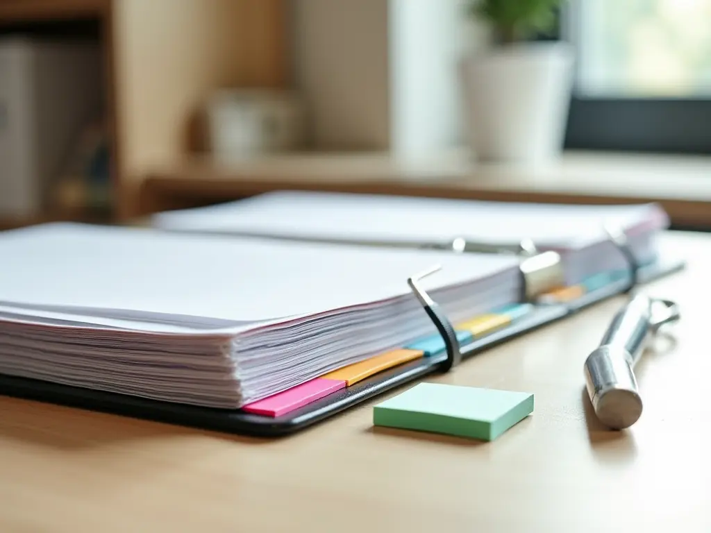 Close-up of a colorful home organization binder with neatly labeled dividers on a clean desk.