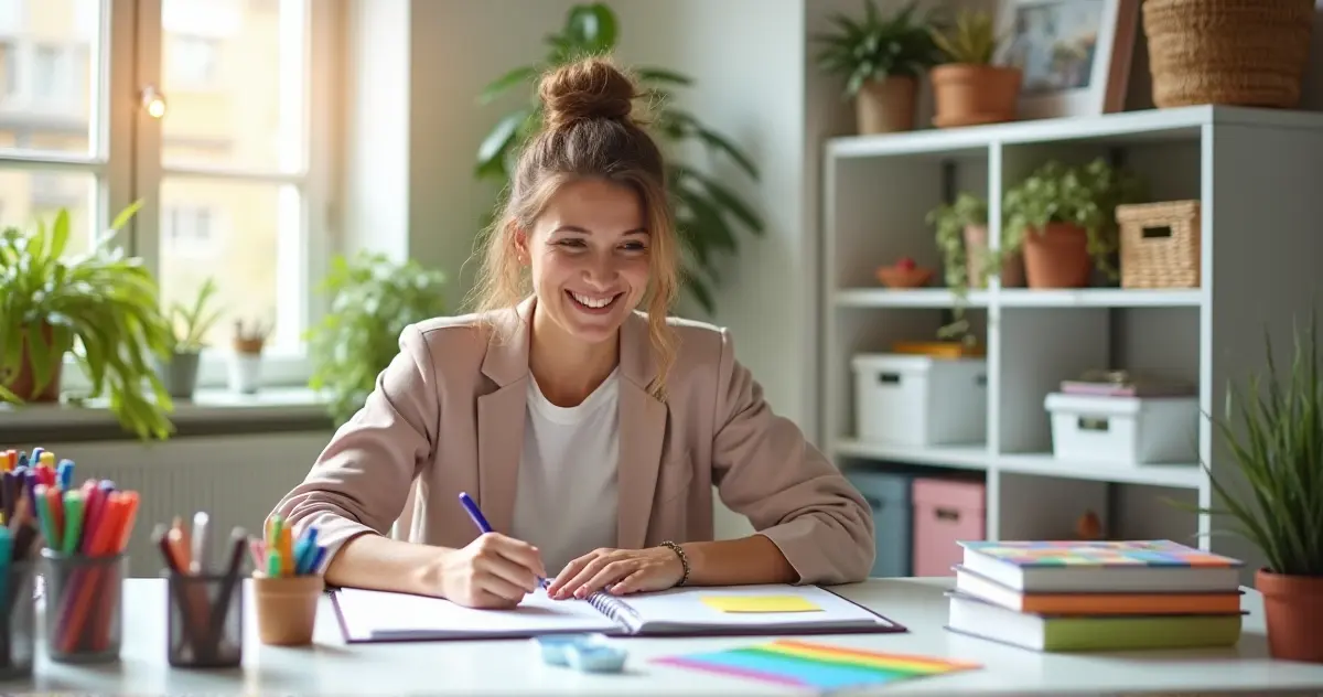 A bright and inviting image of a woman organizing a vibrant home binder and planner at a clean desk in a serene living room.