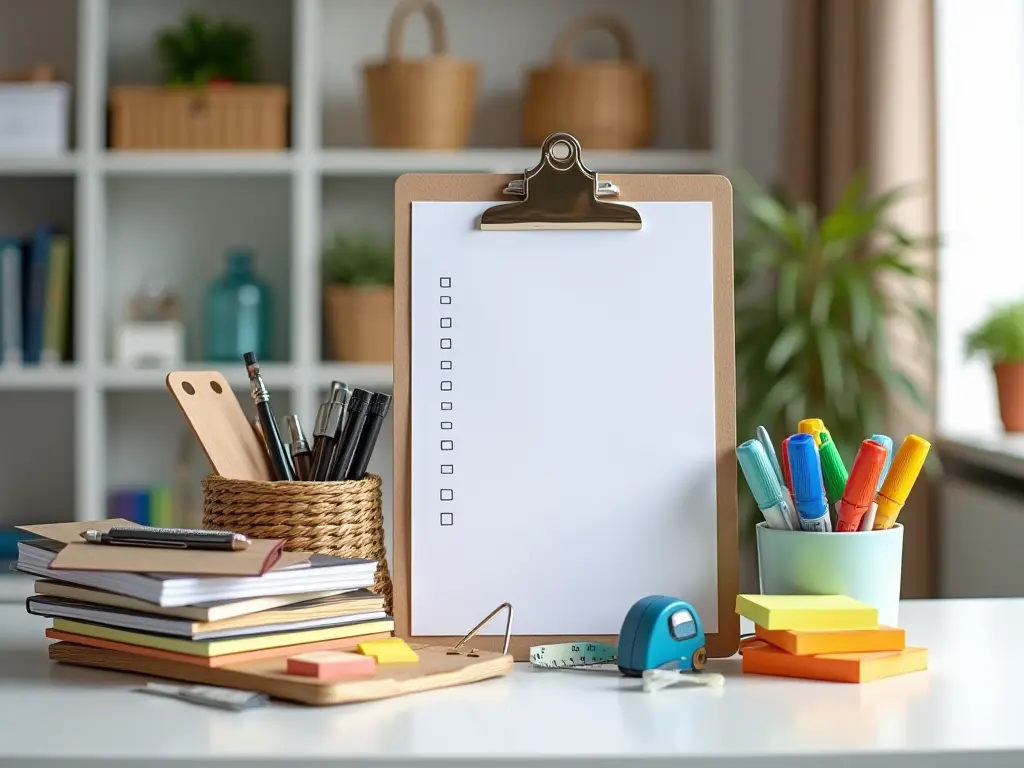 A professional organizer’s toolkit with neatly arranged supplies on a desk.