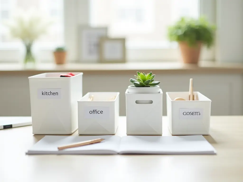 An organized desk with labeled storage boxes and categories for home organization.