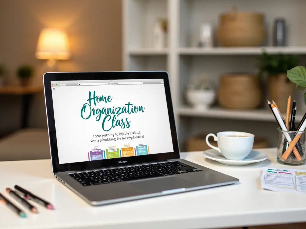 A laptop displaying a home organization class with printable resources on a tidy desk.