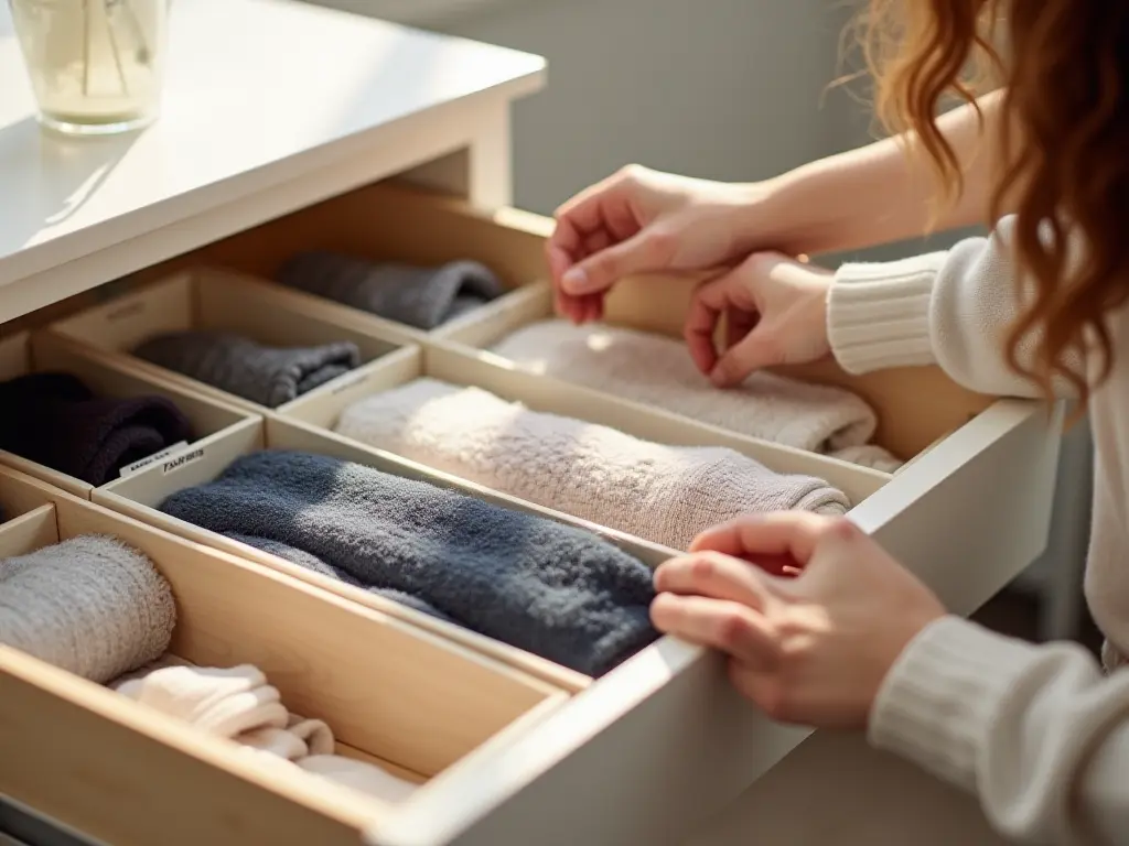 A small drawer being organized with neatly sorted items and dividers.