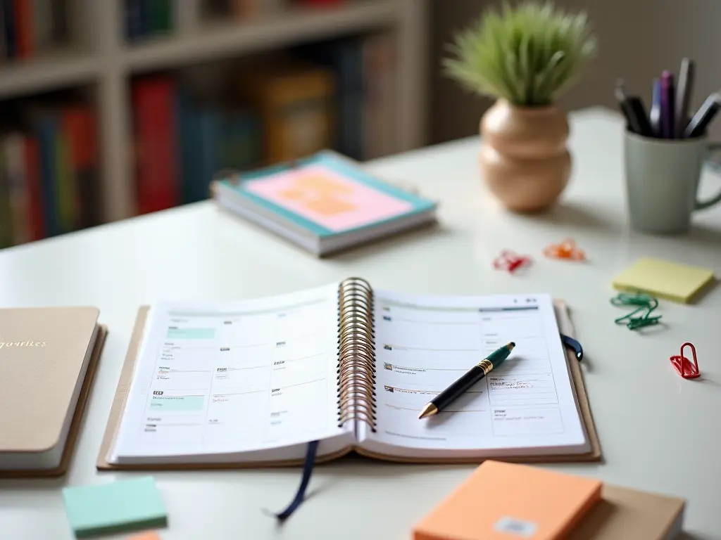 A tidy desk with a planner and journal side by side, surrounded by organization tools.