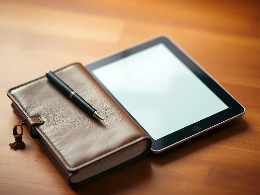 A leather-bound journal and a digital tablet side by side, symbolizing the choice between physical and digital journaling