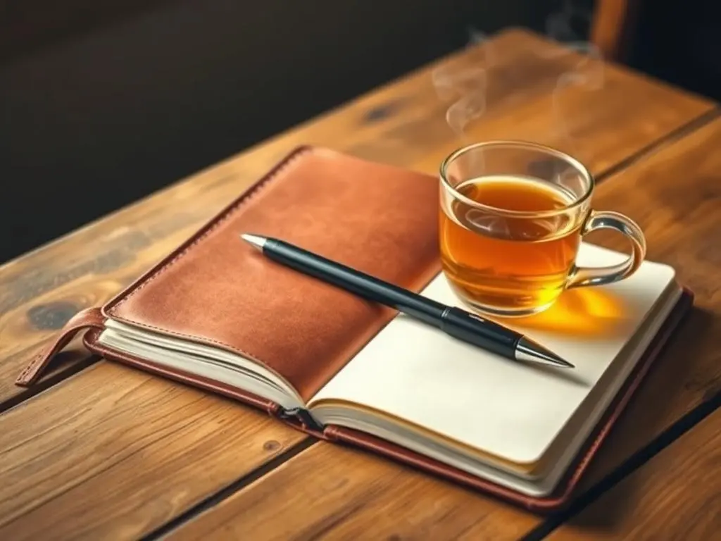 A cozy journaling setup with a leather-bound journal, a pen, and a steaming cup of tea on a wooden table