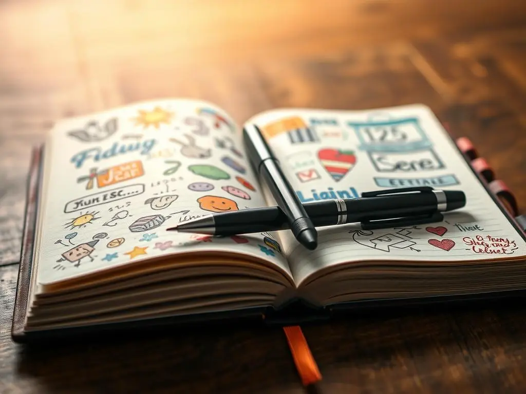 A personalized journal with colorful doodles, stickers, and a pen, symbolizing a creative journaling ritual