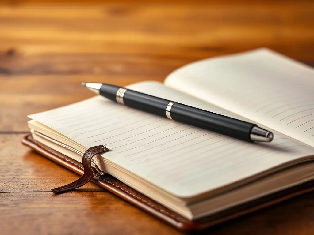 A leather-bound journal with a pen resting on top, symbolizing self-expression and emotional release