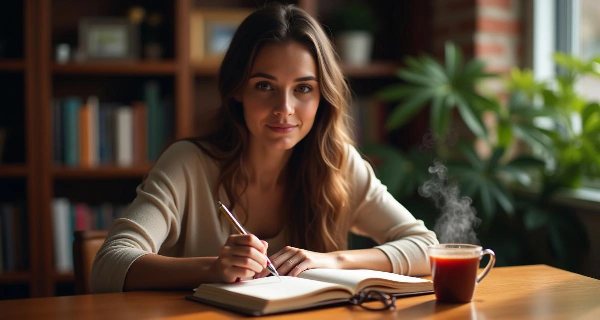 A person journaling with a pen and notebook, surrounded by calming elements like a cup of tea and soft lighting