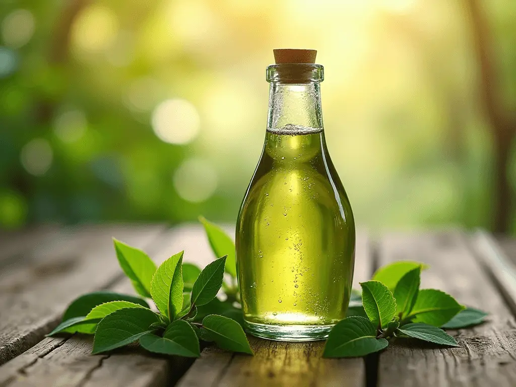 A clear bottle of green tea with condensation beads, surrounded by fresh green tea leaves on a natural wooden surface.