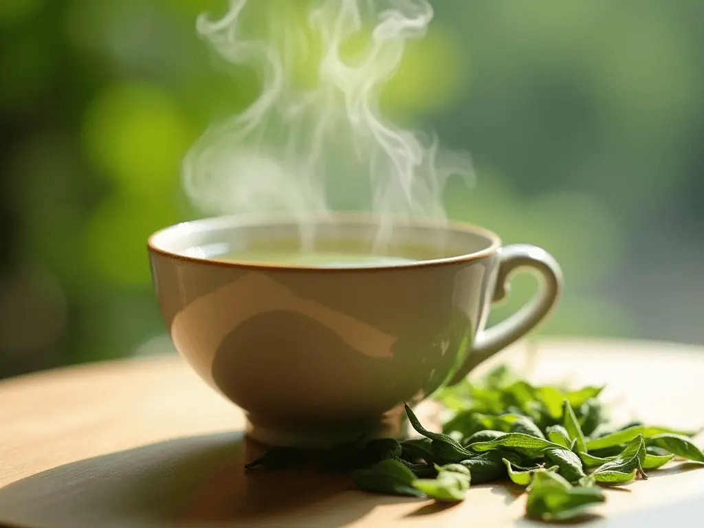 A steaming cup of decaf green tea placed on a wooden table with a few fresh green tea leaves scattered around, emphasizing health and simplicity.