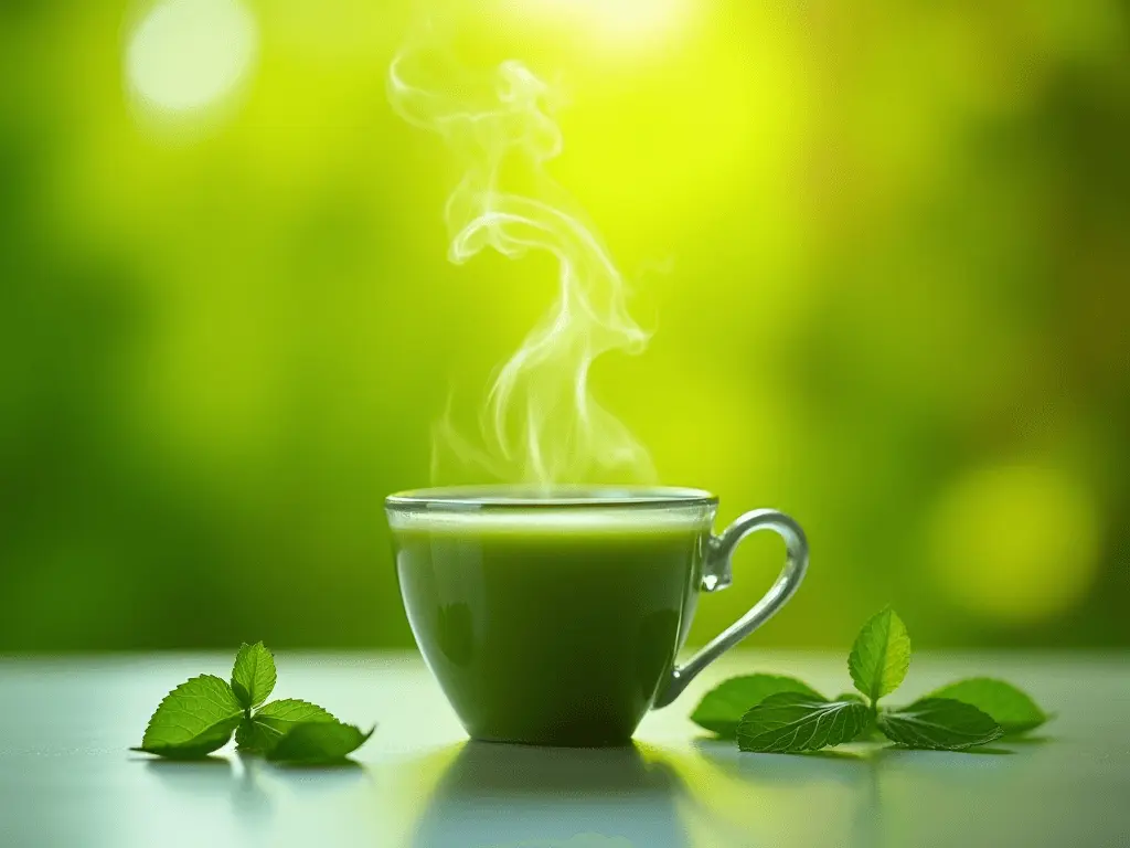 A steaming cup of green tea with a vibrant leaf-shaped steam swirl, symbolizing energy and vitality.